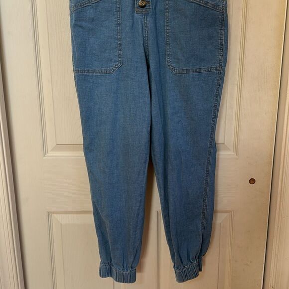 Denim Short Sleeve Button-Up Jumpsuit Stretch Jogger Style - Picture 2 of 11